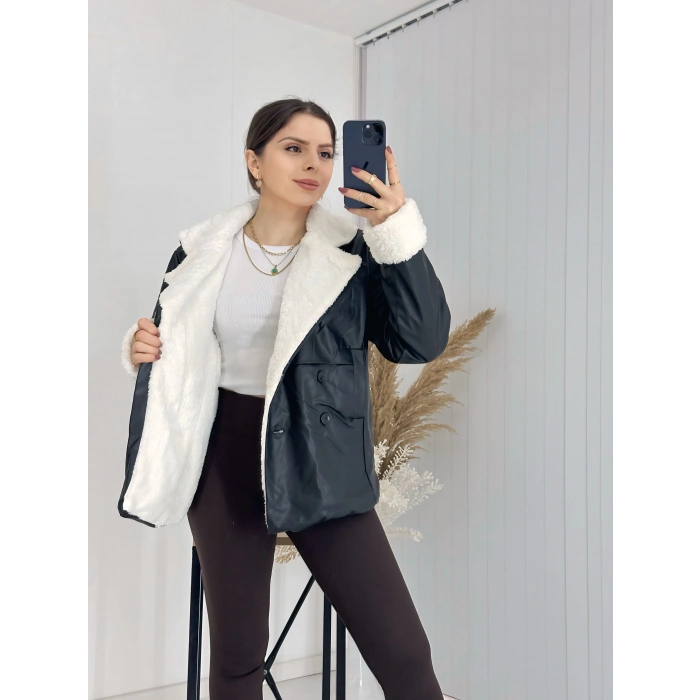 Siyah İçi Kürklü Deri Mont