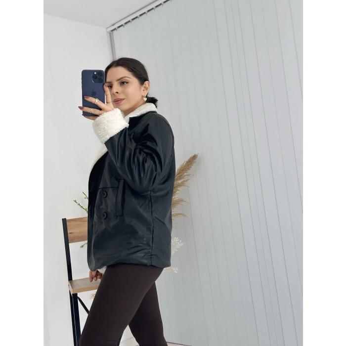 Siyah İçi Kürklü Deri Mont