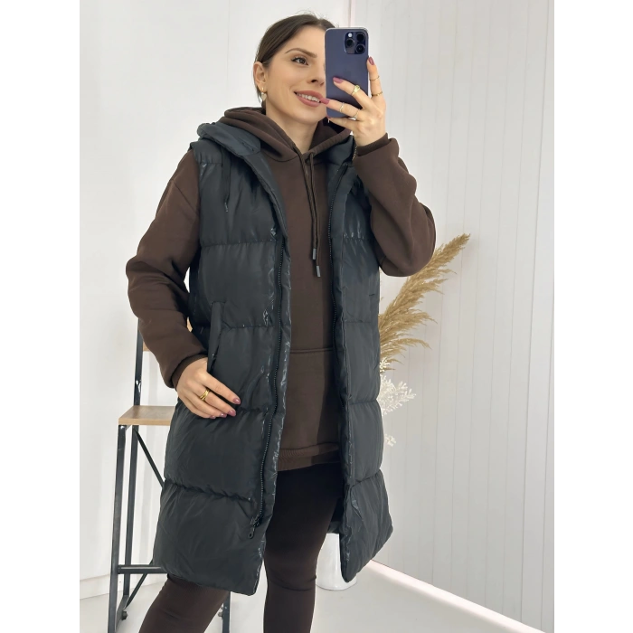 Siyah Kapişonlu Uzun Şişme Yelek