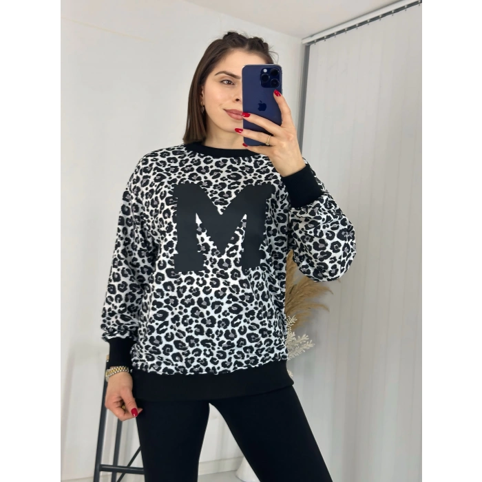 Siyah Leopar Desen Harf Detaylı Sweathirt