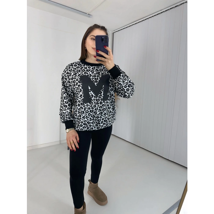 Siyah Leopar Desen Harf Detaylı Sweathirt