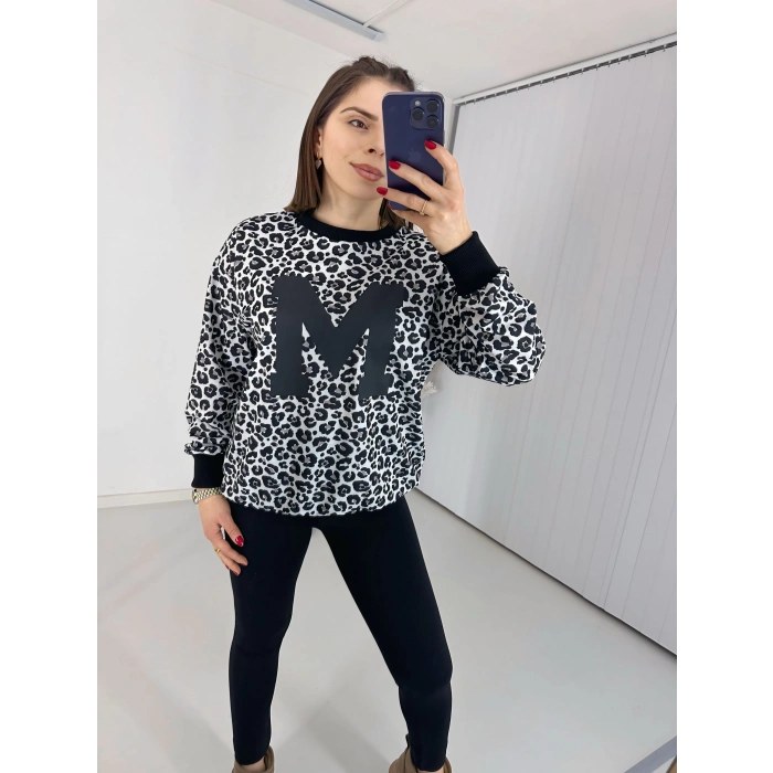 Siyah Leopar Desen Harf Detaylı Sweathirt