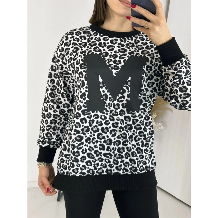 Siyah Leopar Desen Harf Detaylı Sweathirt