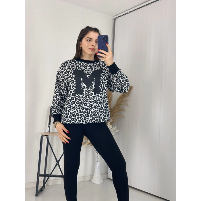 Siyah Leopar Desen Harf Detaylı Sweathirt