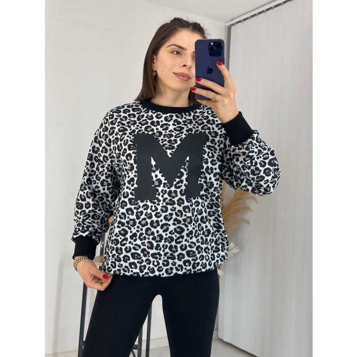 Siyah Leopar Desen Harf Detaylı Sweathirt