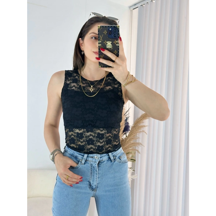 Siyah Transparan Dantel Bluz