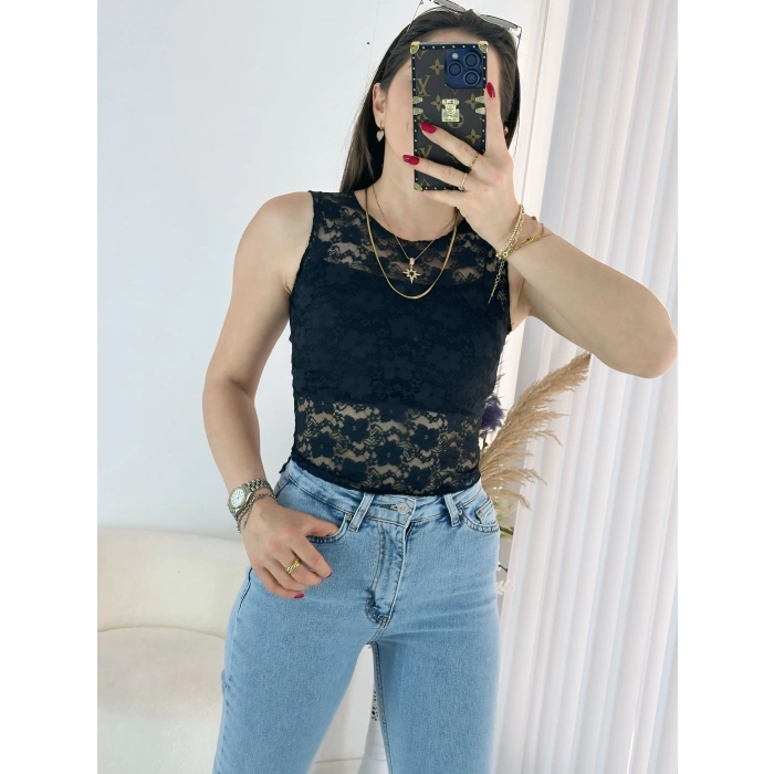 Siyah Transparan Dantel Bluz