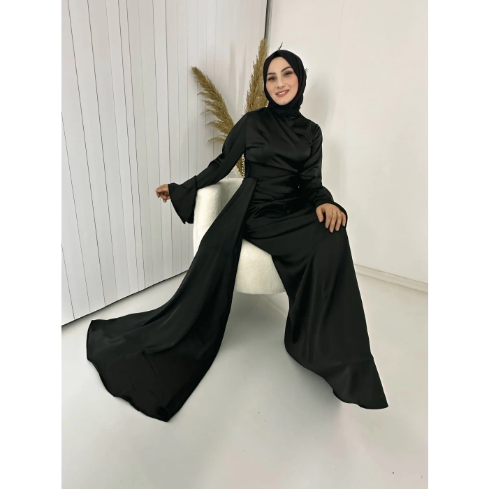 Siyah Uzun Saten Elbise