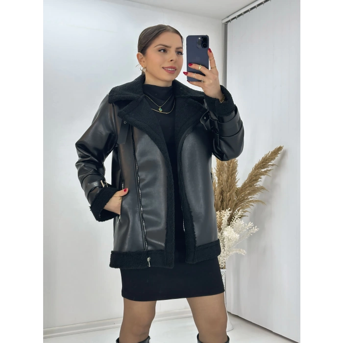 Suni Deri Kürklü Biker Mont