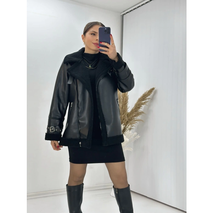 Suni Deri Kürklü Biker Mont