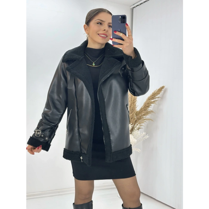 Suni Deri Kürklü Biker Mont