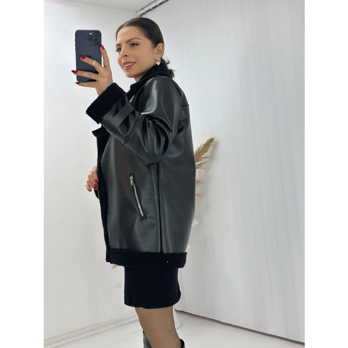 Suni Deri Kürklü Biker Mont