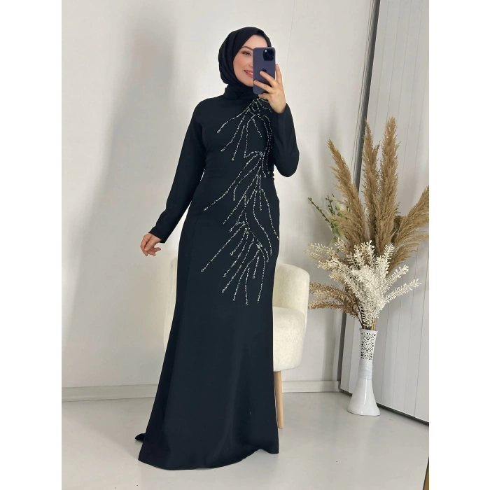 Taş Detay Abiye Elbise Siyah