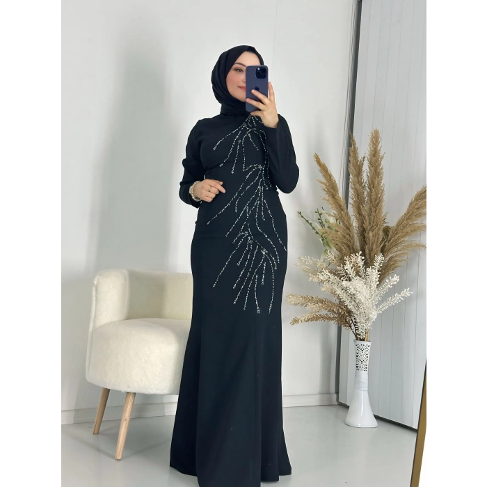Taş Detay Abiye Elbise Siyah