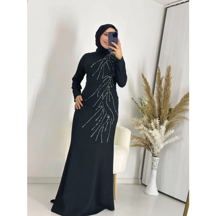 Taş Detay Abiye Elbise Siyah
