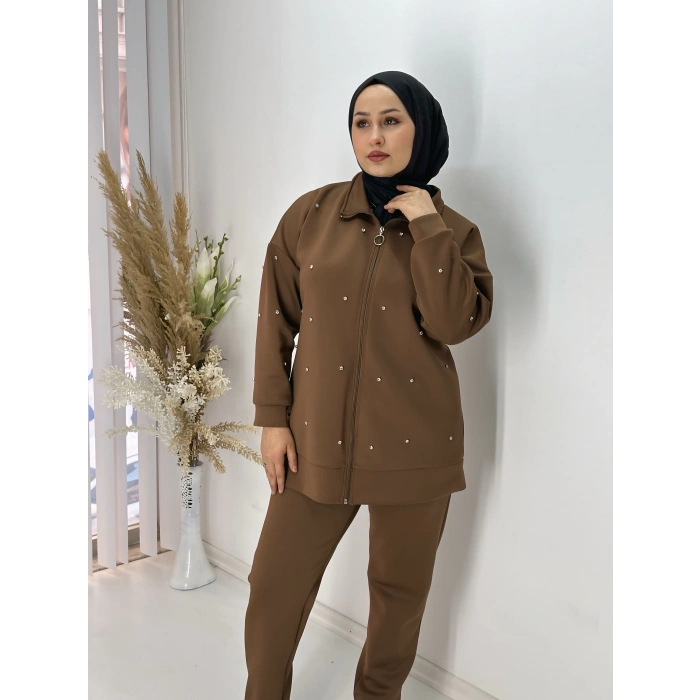 Taş Detaylı Fermuarlı Scuba Takım