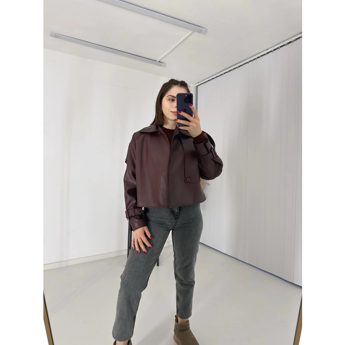 Tasarım Parçalı Kısa Deri Ceket Bordo