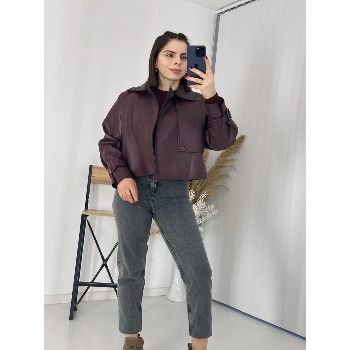 Tasarım Parçalı Kısa Deri Ceket Bordo