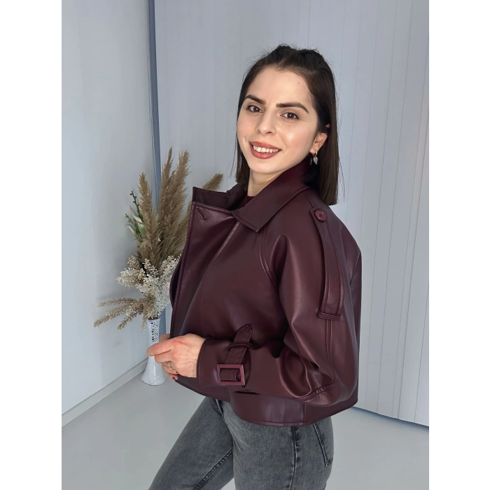 Tasarım Parçalı Kısa Deri Ceket Bordo