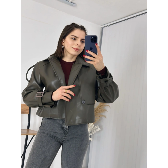 Tasarım Parçalı Kısa Deri Ceket Haki