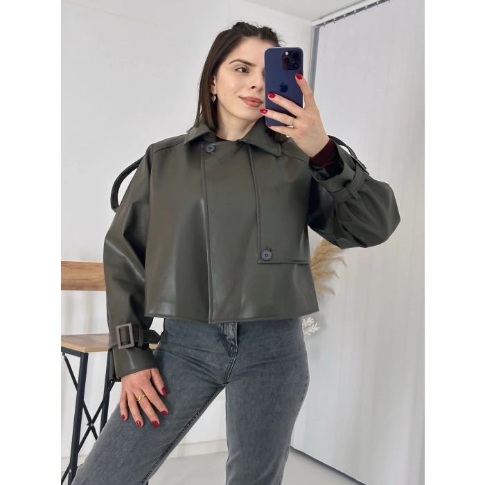 Tasarım Parçalı Kısa Deri Ceket Haki
