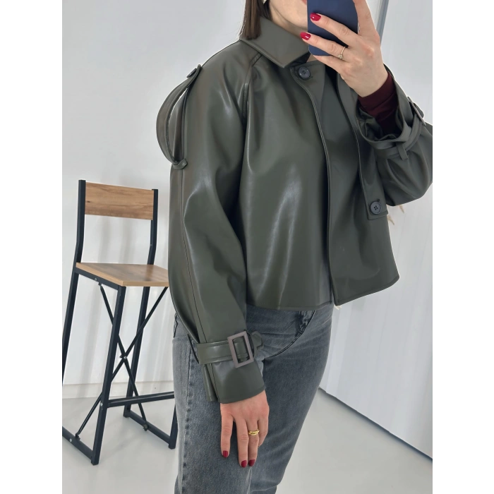 Tasarım Parçalı Kısa Deri Ceket Haki