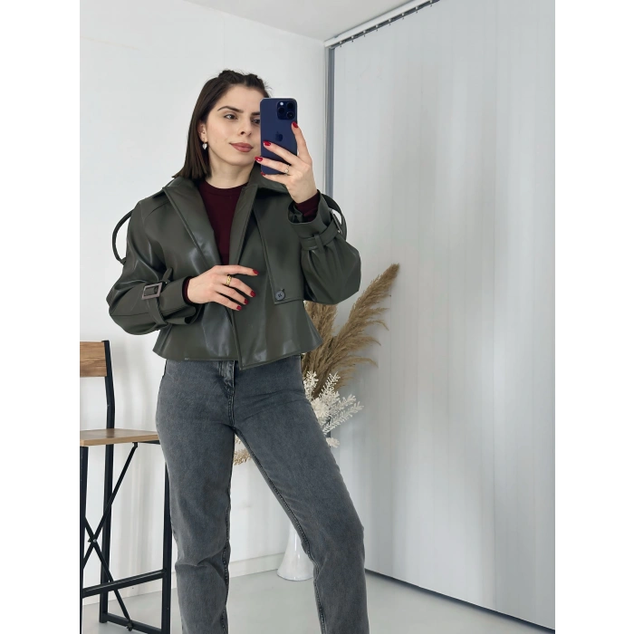 Tasarım Parçalı Kısa Deri Ceket Haki