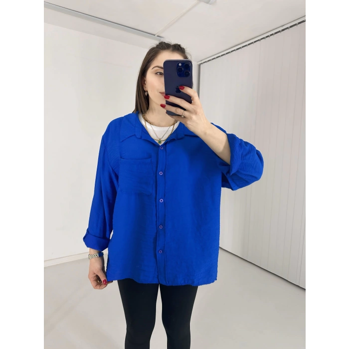 Tek Cepli Oversize Keten Gömlek Mavi