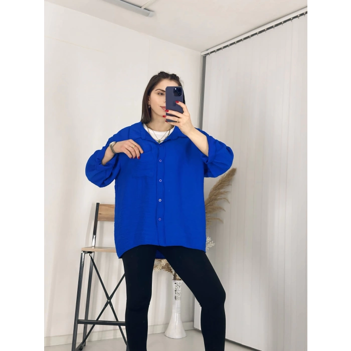 Tek Cepli Oversize Keten Gömlek Mavi