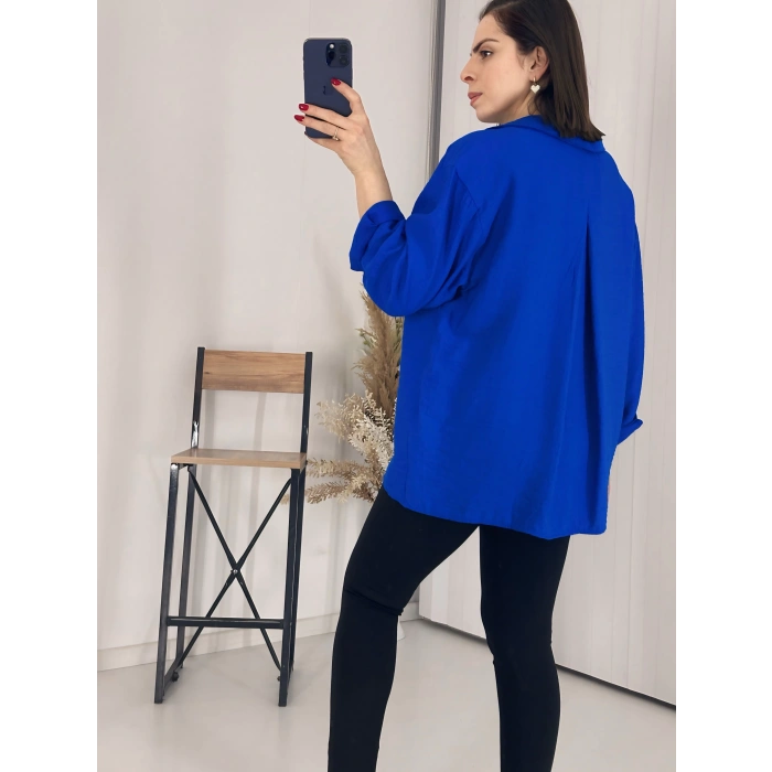 Tek Cepli Oversize Keten Gömlek Mavi