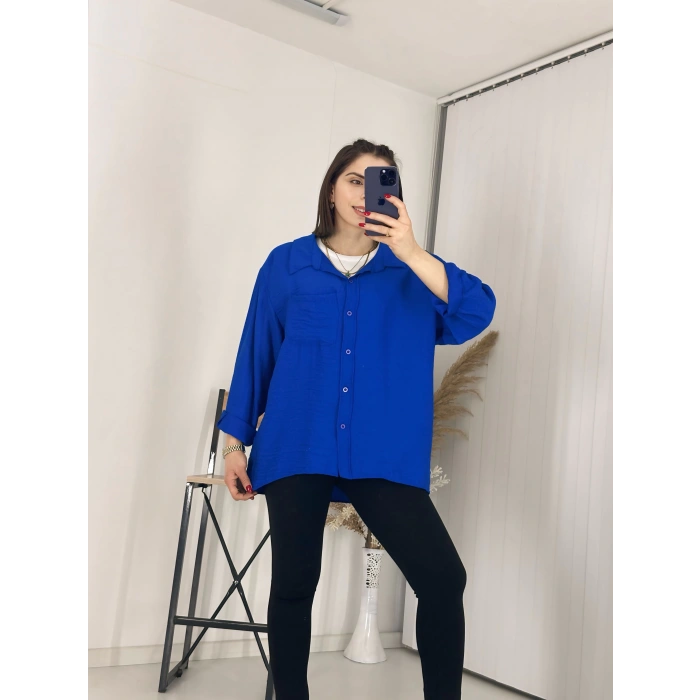 Tek Cepli Oversize Keten Gömlek Mavi