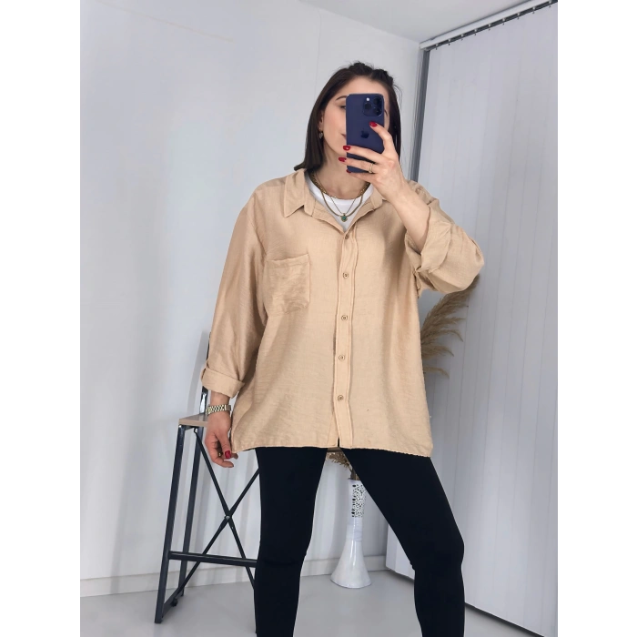 Tek Cepli Oversize Keten Gömlek