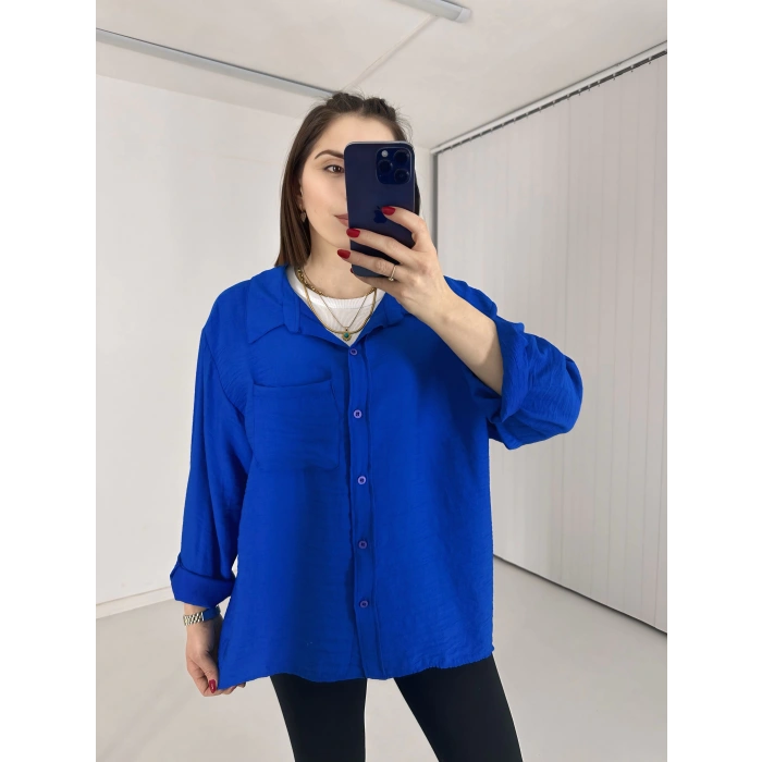 Tek Cepli Oversize Keten Gömlek Mavi