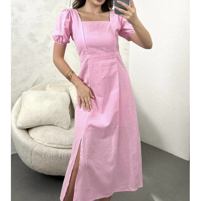 TOZ PEMBE SIRT DEKOLTE KETEN ELBİSE