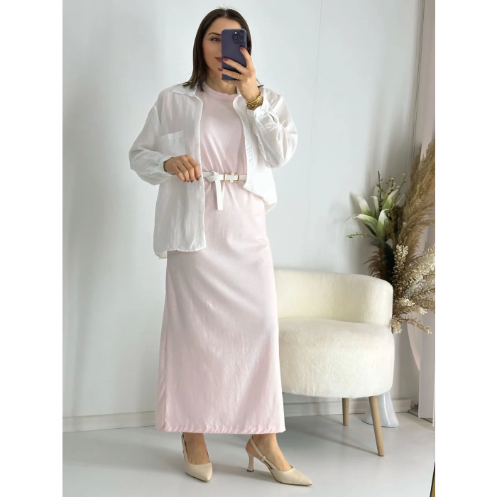 Toz Pembe Vatkalı Penye Elbise