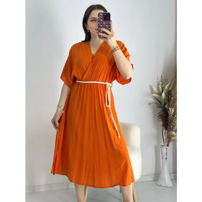 Turuncu Kravuze Kemerli Elbise