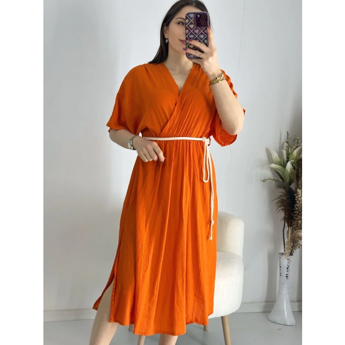 Turuncu Kravuze Kemerli Elbise