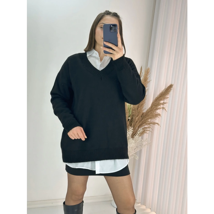 V Yaka Uzun Kazak Siyah