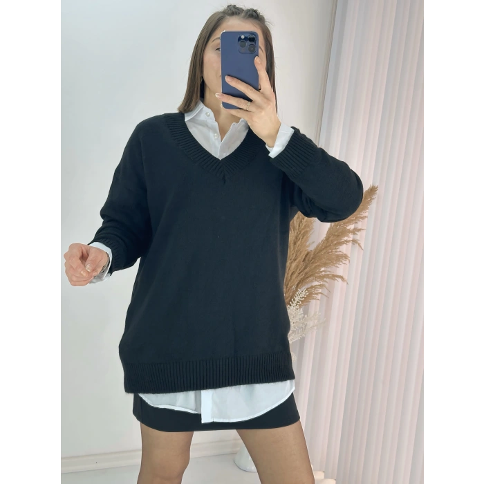 V Yaka Uzun Kazak Siyah