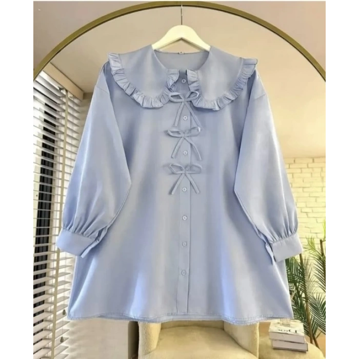 Yaka Detay Fiyonklu Gömlek Mavi