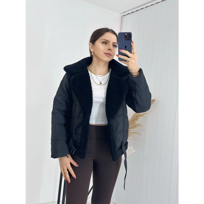 Yakası Kürklü Kemerli Kısa Şişme Mont