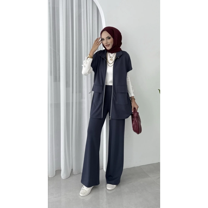 Yelekli Fermuarlı Üçlü Takım Antrasit