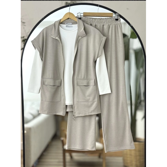 Yelekli Fermuarlı Üçlü Takım Bej