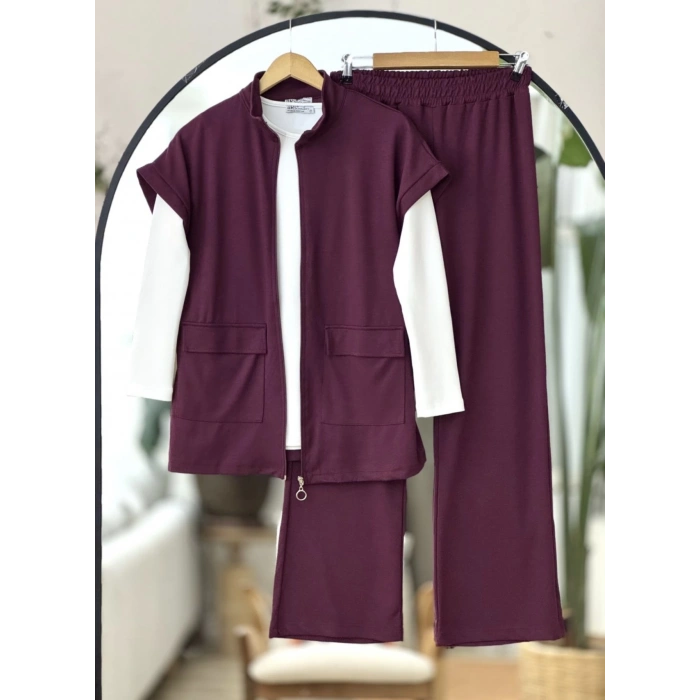 Yelekli Fermuarlı Üçlü Takım Bordo