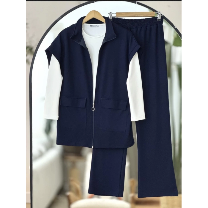 Yelekli Fermuarlı Üçlü Takım Lacivert