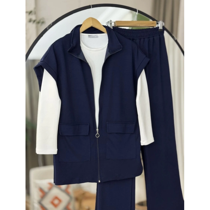 Yelekli Fermuarlı Üçlü Takım Lacivert
