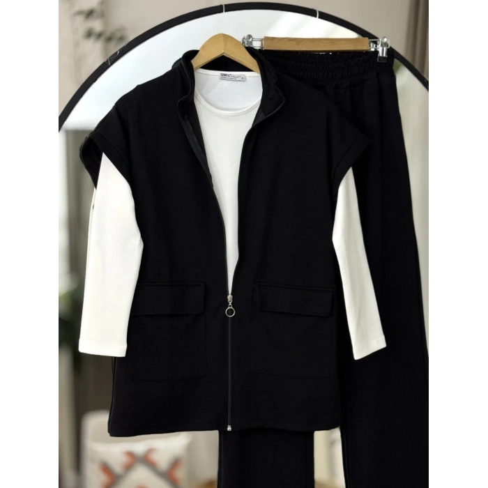 Yelekli Fermuarlı Üçlü Takım Siyah