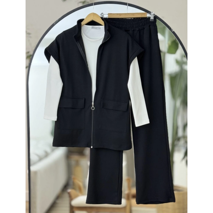 Yelekli Fermuarlı Üçlü Takım Siyah