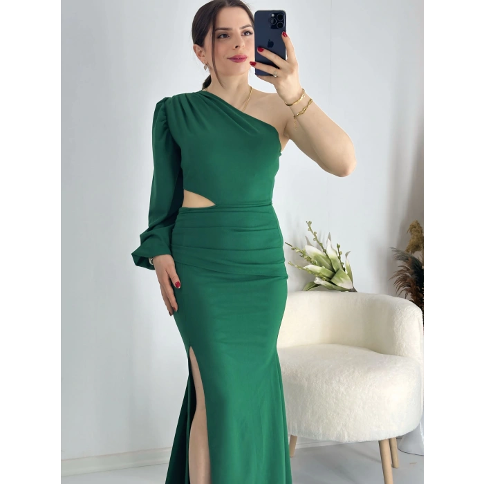 Yeşil Bel Dekolteli İthal Krep Kumaş Tek Kol Abiye
