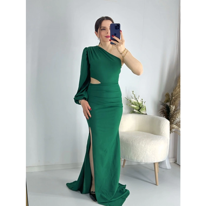 Yeşil Bel Dekolteli İthal Krep Kumaş Tek Kol Abiye